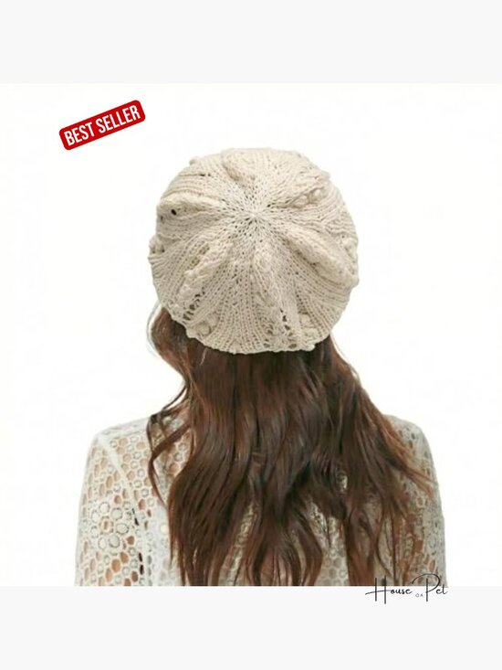 Crochet Beret Hat Handmade Floral Cutout Beanie Slouchy